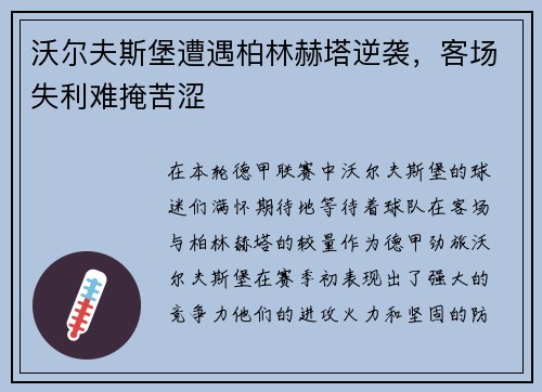 沃尔夫斯堡遭遇柏林赫塔逆袭，客场失利难掩苦涩