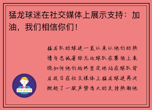 猛龙球迷在社交媒体上展示支持：加油，我们相信你们！