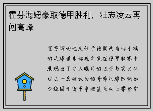 霍芬海姆豪取德甲胜利，壮志凌云再闯高峰